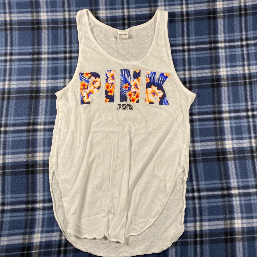 Victoria's Secret PINK White Tropical Floral Graphic Tank Top XS‎ Scoop Neck